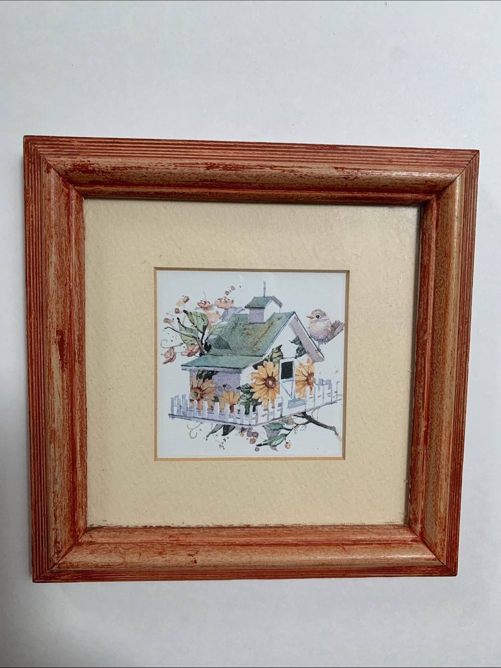 Stylish Orange Distressed Wood Framed Birdhouse Art Painting.Pre-Owned.Size:6x6.